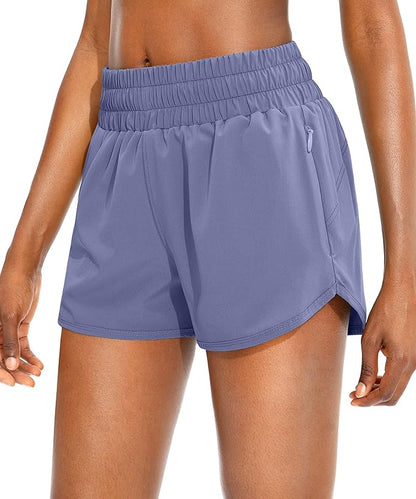 SANTINY Women's Running Shorts with Zip Pockets High Waisted Athletic Workout Gym Shorts for Women