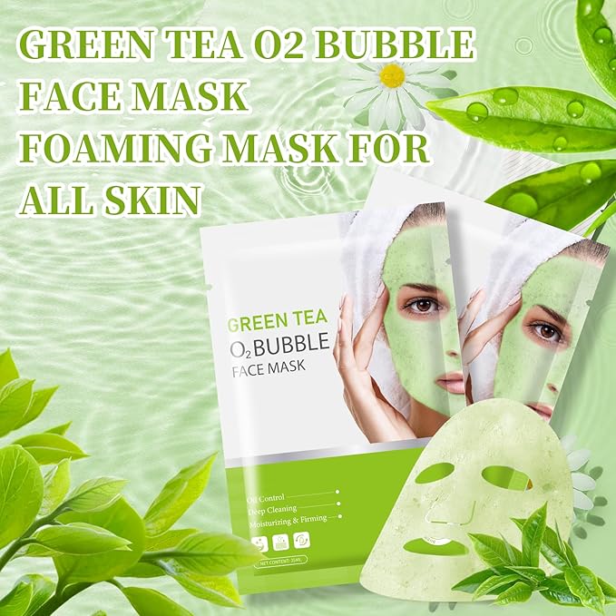10 Sheets Face Masks Skincare O2 Bubble Green Tea Face Mask, Cleaner Bubble Sheet Masks Foaming