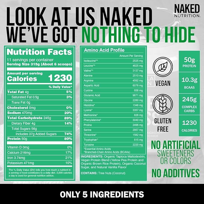 NAKED Vegan Mass - Vanilla Vegan Weight Gainer - 1,230 Calories, Non-GMO, Soy & Gluten Free, No