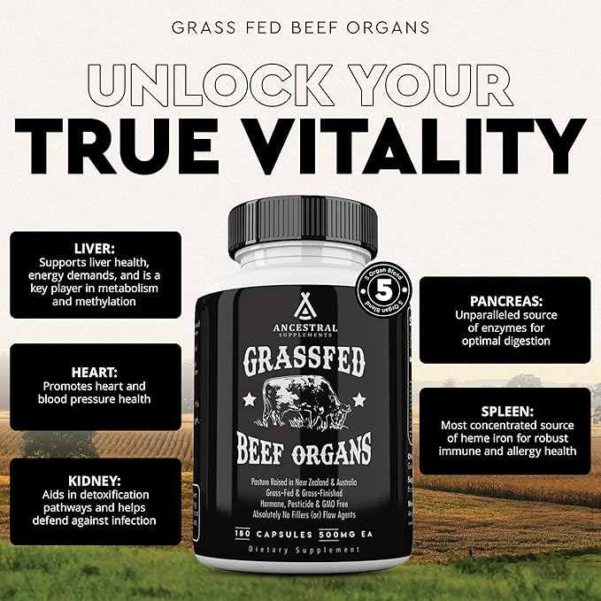 Ancestral Supplements Grass Fed Beef Organ Supplement, Supports Whole Body Wellness with