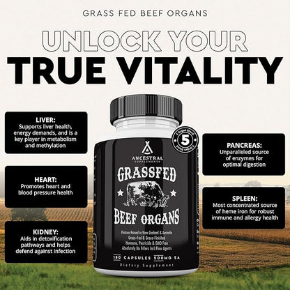 Ancestral Supplements Grass Fed Beef Organ Supplement, Supports Whole Body Wellness with