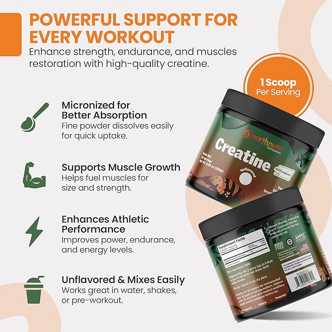 EarthNutri Creatine Monohydrate Powder - Pure Creatine Supplement for Muscle Strength, Strength &