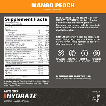 MTN OPS Hydrate Electrolytes Powder Drink Mix, 20 Single Serving On-The-Go Electrolyte Packs with