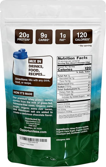 Opportuniteas Grass Fed Chocolate Whey Protein Isolate Powder - 20g Protein Powder Without