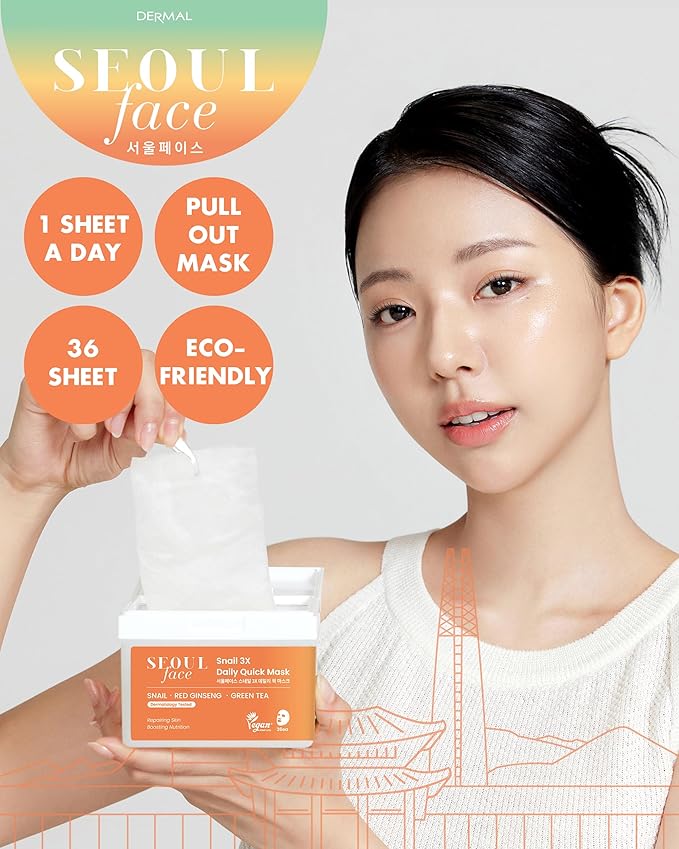 DERMAL Seoul Face Snail 3X Daily Quick Mask 36 Sheet ??Korean Skincare Vegan Tencel Facial Masks
