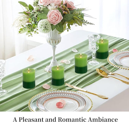 KONNI Green Layered Pillar Candles Set of 3, 3"x 4" Unscented Pillar Candles Bulk, 39 Hours Long