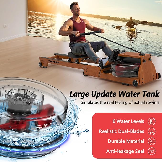 Water Rowing Machine for Home Use, WENOKER Wooden Foldable Rower Machine with Adjustable Monitor &