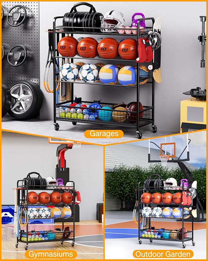 Garage Sports Equipment Organizer - Rolling Ball Storage Bin with Wheels, Garage Sports Gear Rack