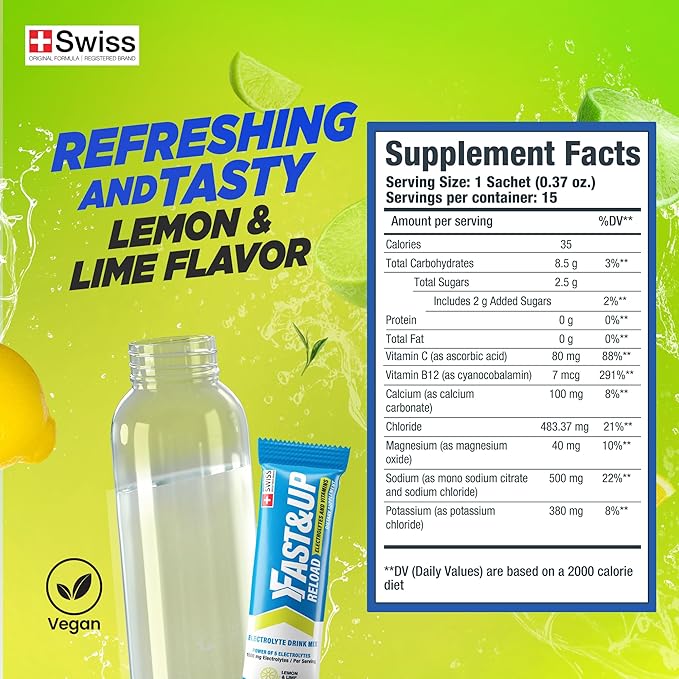 FAST&UP Reload – Lemon & Lime - Refreshing Electrolyte Drink Mix | Hydration Powder Packets | 1500