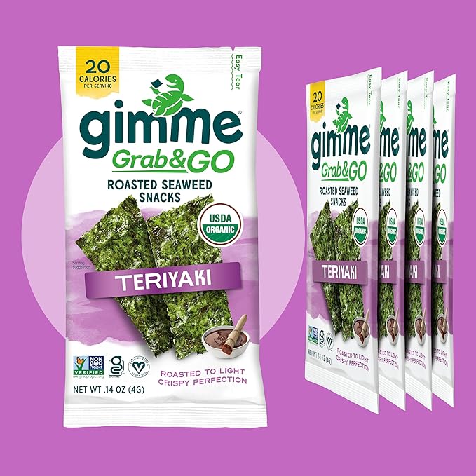 Gimme Seaweed Grab & Go Organic Premium Roasted Seaweed Snacks, Teriyaki, 5 Count Trayless, Keto