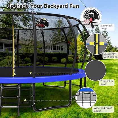 12 14 15 16FT Outdoor Trampolines for Kids and Adults, Pumpkin Trampolin with Curved Poles
