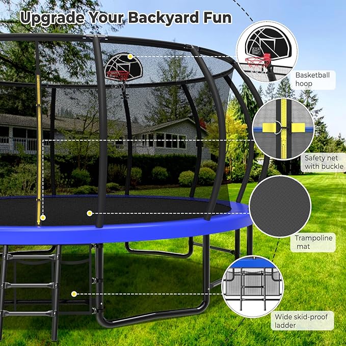 12 14 15 16FT Outdoor Trampolines for Kids and Adults, Pumpkin Trampolin with Curved Poles