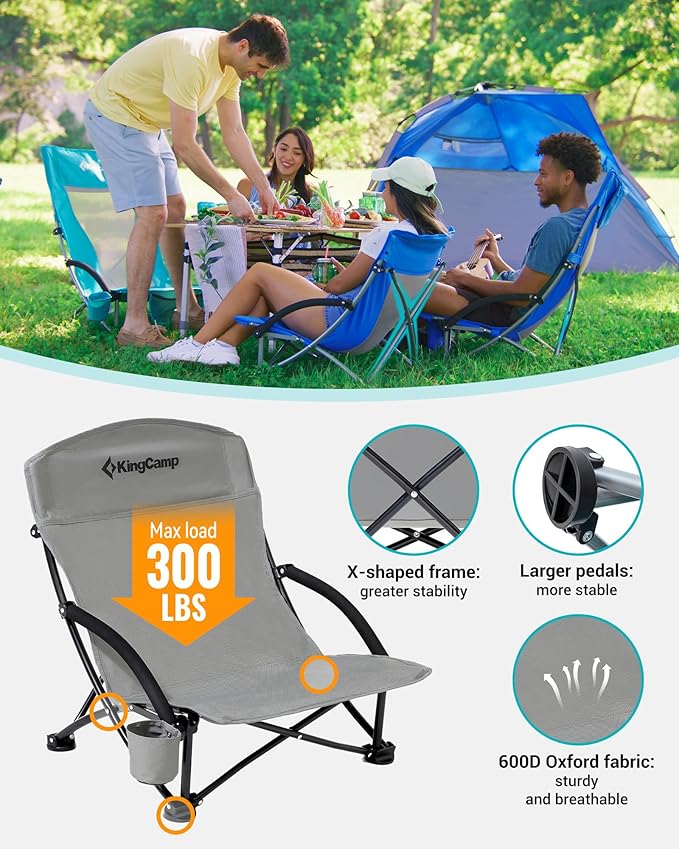 KingCamp Low Beach Chairs, Portable Folding Chair for Adults Extra Wide Ergonomic High Back Seat