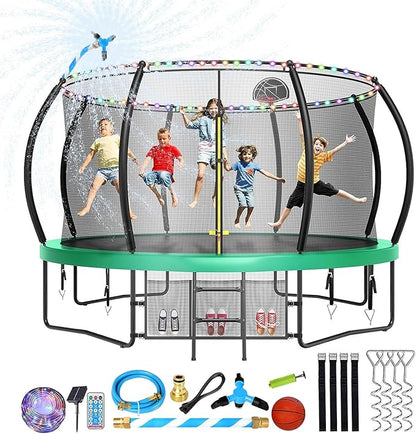 12 14 15 16FT Trampoline Outdoor with Basketball Hoop, Trampoline with Lights for Kids and Adults