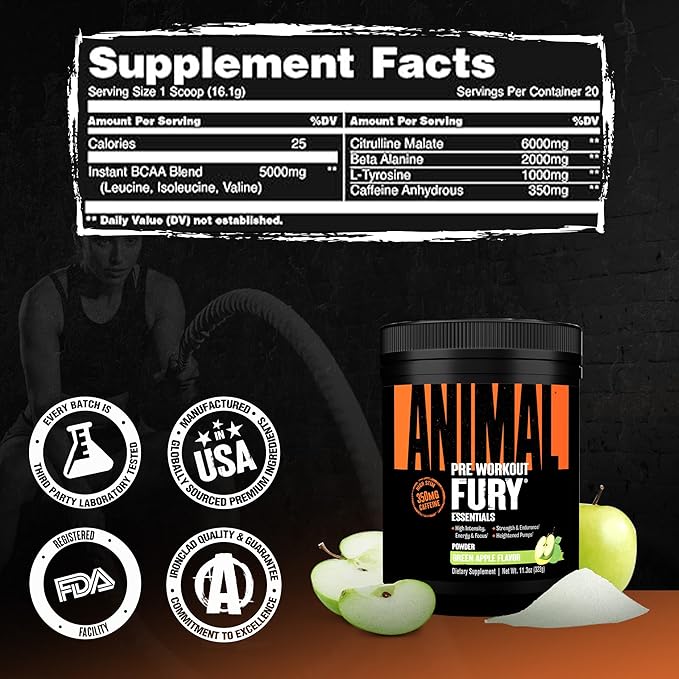 Animal Fury Pre Workout Powder - Green Apple, 350mg Caffeine, BCAA Amino Acids, 2g Beta Alanine