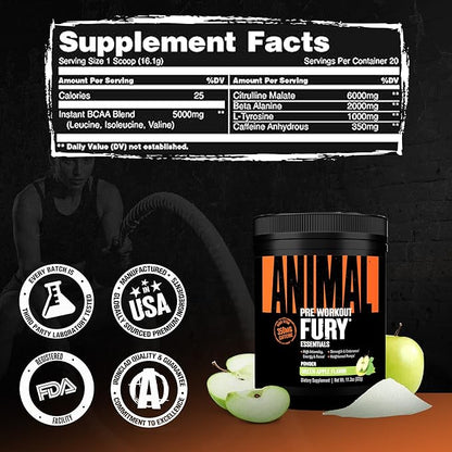 Animal Fury Pre Workout Powder - Green Apple, 350mg Caffeine, BCAA Amino Acids, 2g Beta Alanine