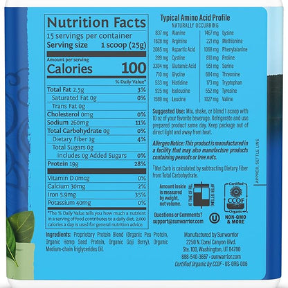 Sunwarrior Organic Plant Based Protein Powder | Vegan Organic Protein Powder Unflavored with BCAA