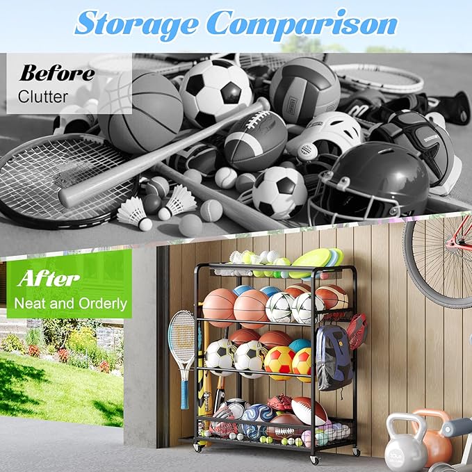 Garage Sports Equipment Storage Rack,Wheeled Sports Ball Storage Box,Double-Tier Double-Row