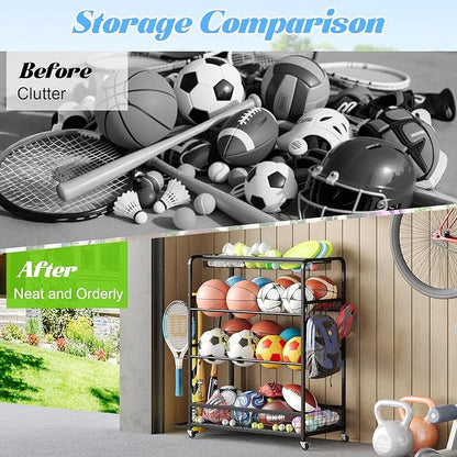 Garage Sports Equipment Storage Rack,Wheeled Sports Ball Storage Box,Double-Tier Double-Row