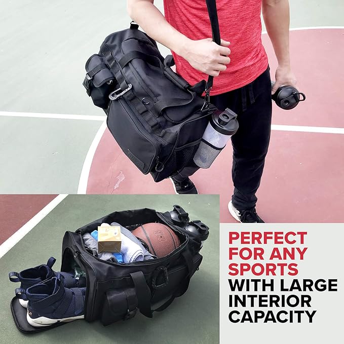 Fitdom 20" 32L Tactical Black Gym Duffle Bag with Shoe Compartment. Best Workout Bag For Men &