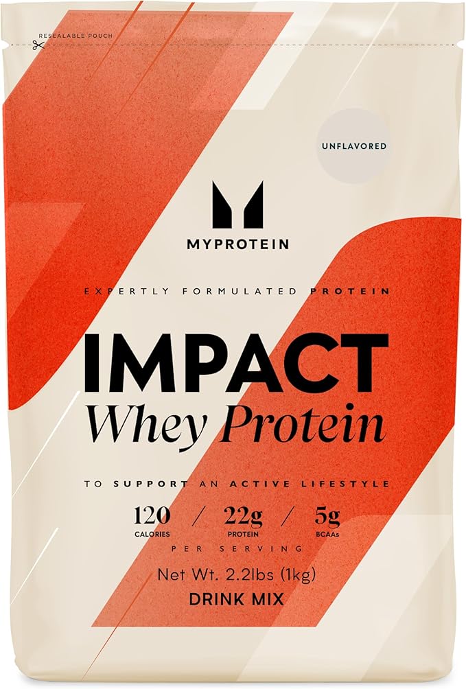 Myprotein Impact Whey Protein Powder, 2.2 Lbs (33 Servings) Unflavored, 22g Protein & 5g BCAA Per