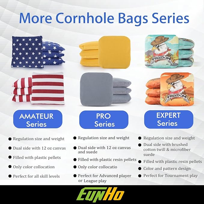 EunHo Dual Sided Cornhole Bags Regulation Set of 8 Professional Cornhole Bean Bags Slick and Stick