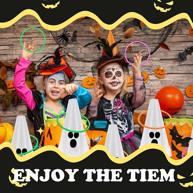 24 PcsHalloween Ring Toss Game Outdoor Carnival Party Games Include 6 Plastic Cones 18 Toss Rings