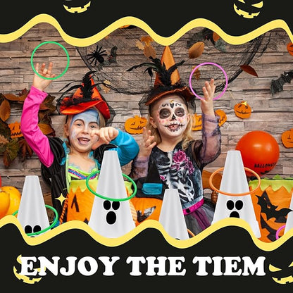 24 PcsHalloween Ring Toss Game Outdoor Carnival Party Games Include 6 Plastic Cones 18 Toss Rings