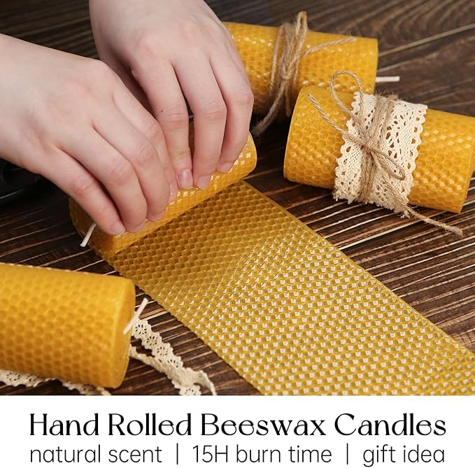 6 Packs Natural Beeswax Candles, Hand Rolled Honeycomb Beeswax Pillar Candles, Pure Bee Wax Gifts