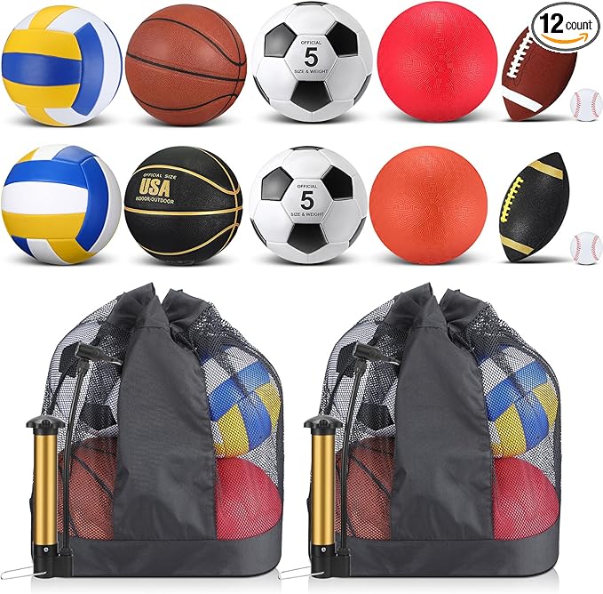 Deekin 12 Pcs Assorted Sport Ball Set Official Size Basketball, Football, Volleyball, Soccer