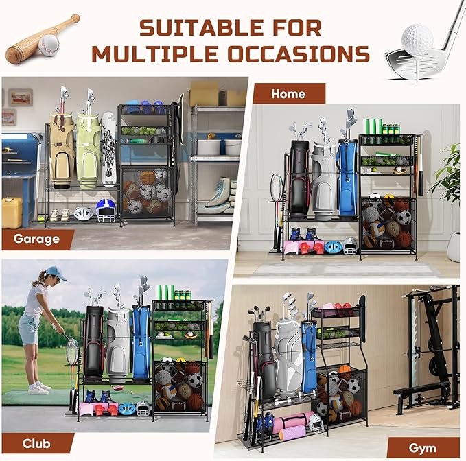 Garage Sports Equipment Organizer,3 Golf Bags Storage Stand,Heavy-Duty Ball Storage Rack with