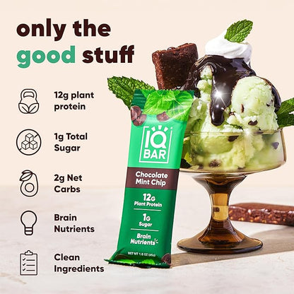 IQBAR Brain and Body Plant Protein Bars - Chocolate Mint Chip - 12-Count Low Carb - Gluten Free