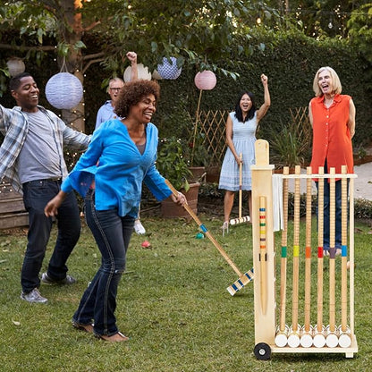 Hiboom 6 Player Croquet Set for Adults & Kids with Wooden Stand, Rubber Wooden Mallets, Colored
