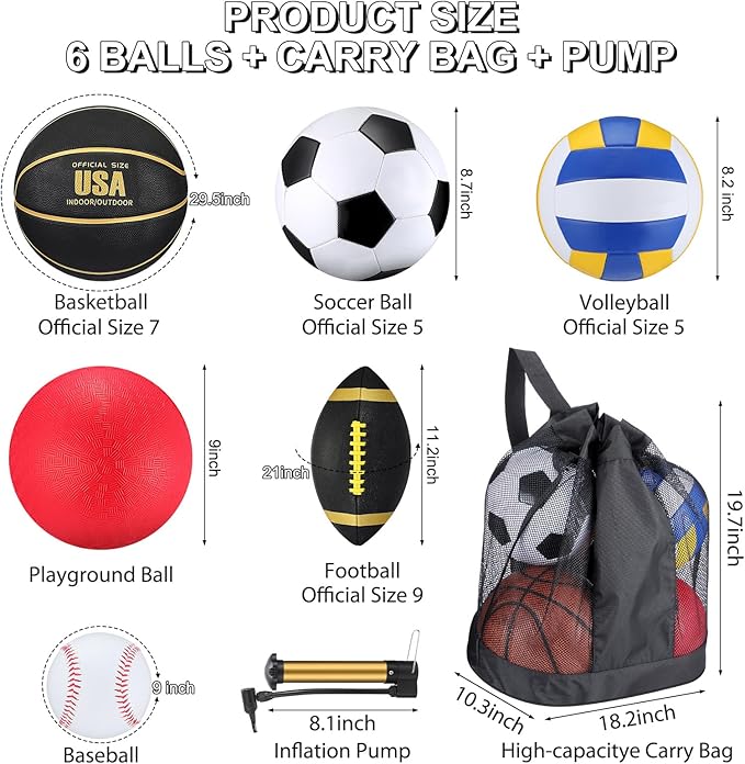 Libima 6 Pcs Multi Sport Ball Set Official Size Football, Basketball, Soccer, Volleyball