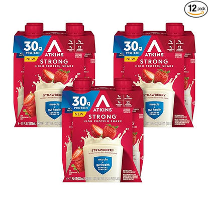 Atkins Strong High Protein Shake, Strawberry, 30g Protein, 7g Prebiotic Fiber, Muscle & Gut Health