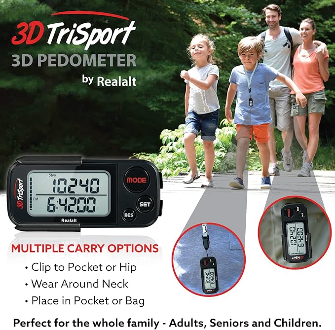 3DTriSport Walking 3D Pedometer with Clip & Strap, eBook Included | 30 Days Memory, Accurate Step
