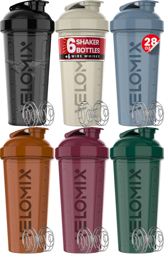 VELOMIX 6 Pack 28oz Protein Shaker Bottle for Protein Mixes, Earth Tones