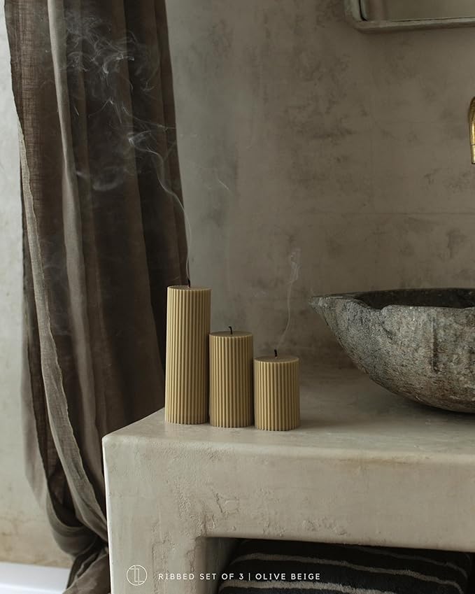 LAWA Roman Handmade Tall Ribbed Pillar Candle - Beautiful Scented Soy Wax Dinner Candle | Classic