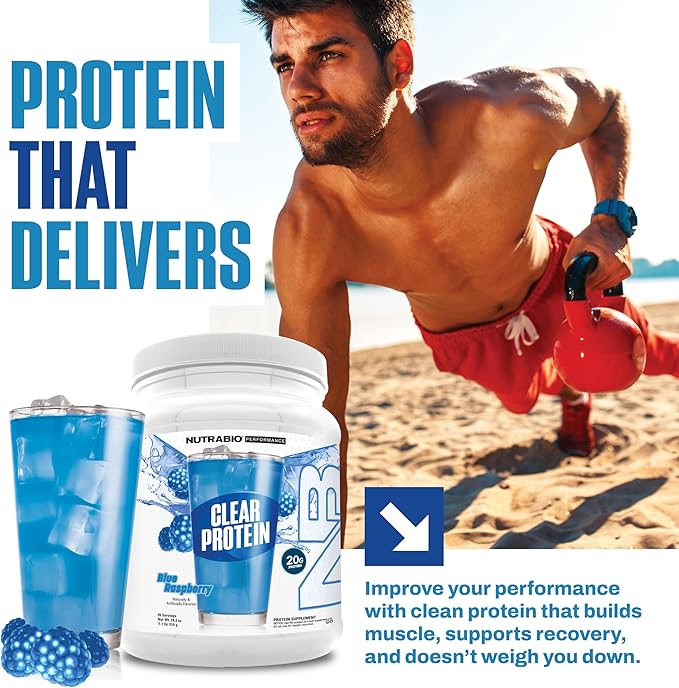 NutraBio Clear Protein Powder, Blue Raspberry - 20 Servings, 20g Clear Whey Protein Isolate, 0