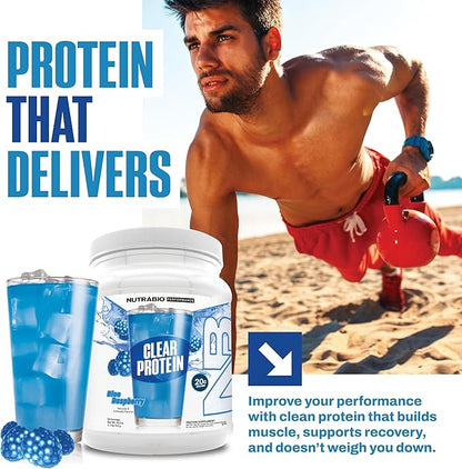 NutraBio Clear Protein Powder, Blue Raspberry - 20 Servings, 20g Clear Whey Protein Isolate, 0