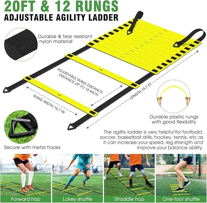 Agility Ladder Speed Training Equipment Set-20ft Agility Ladder,12 Soccer Cones,4 Hurdles, Jump