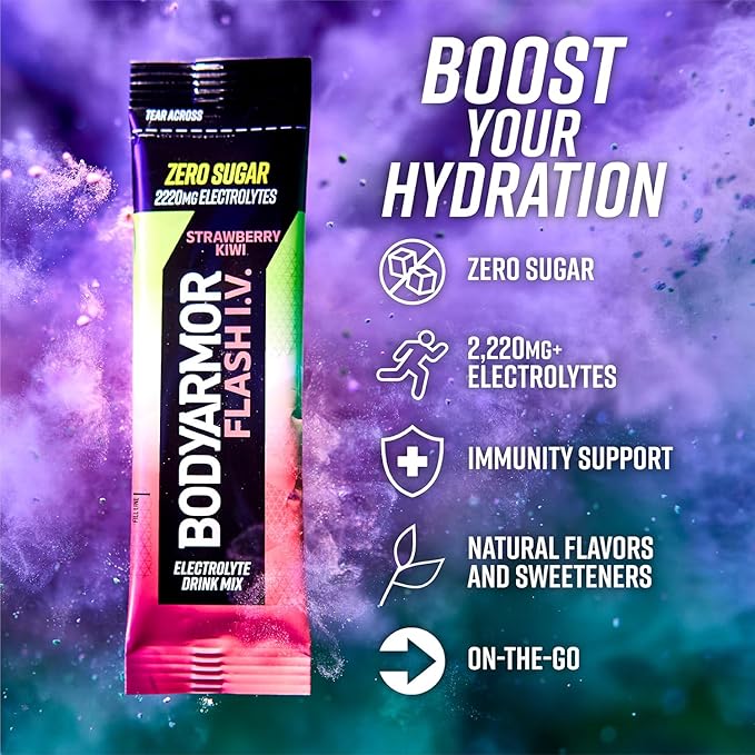 BODYARMOR Flash IV Electrolyte Packets, Strawberry Kiwi - Zero Sugar Drink Mix, Single Serve Packs