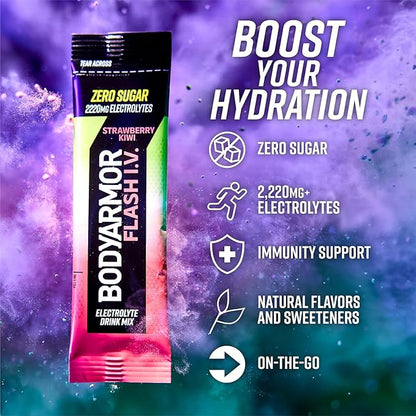 BODYARMOR Flash IV Electrolyte Packets, Strawberry Kiwi - Zero Sugar Drink Mix, Single Serve Packs