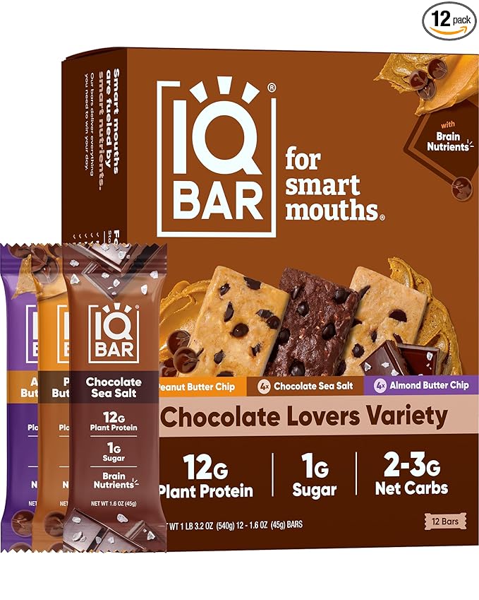 IQBAR Brain and Body Plant Protein Bars - Chocolate Lovers Variety - 12-Count Low Carb - Gluten