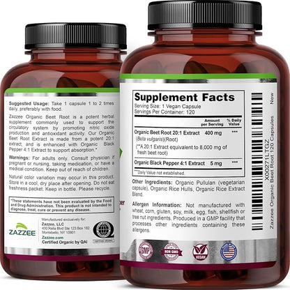 Zazzee USDA Organic Beet Root 8000 mg Strength 20:1 Extract, 120 Vegan Quick Release Capsules