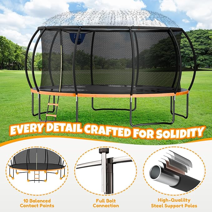 14FT & 16FT Trampoline for Kids & Adults, Big Round Trampoline with Basketball Hoop, Sprinkler &