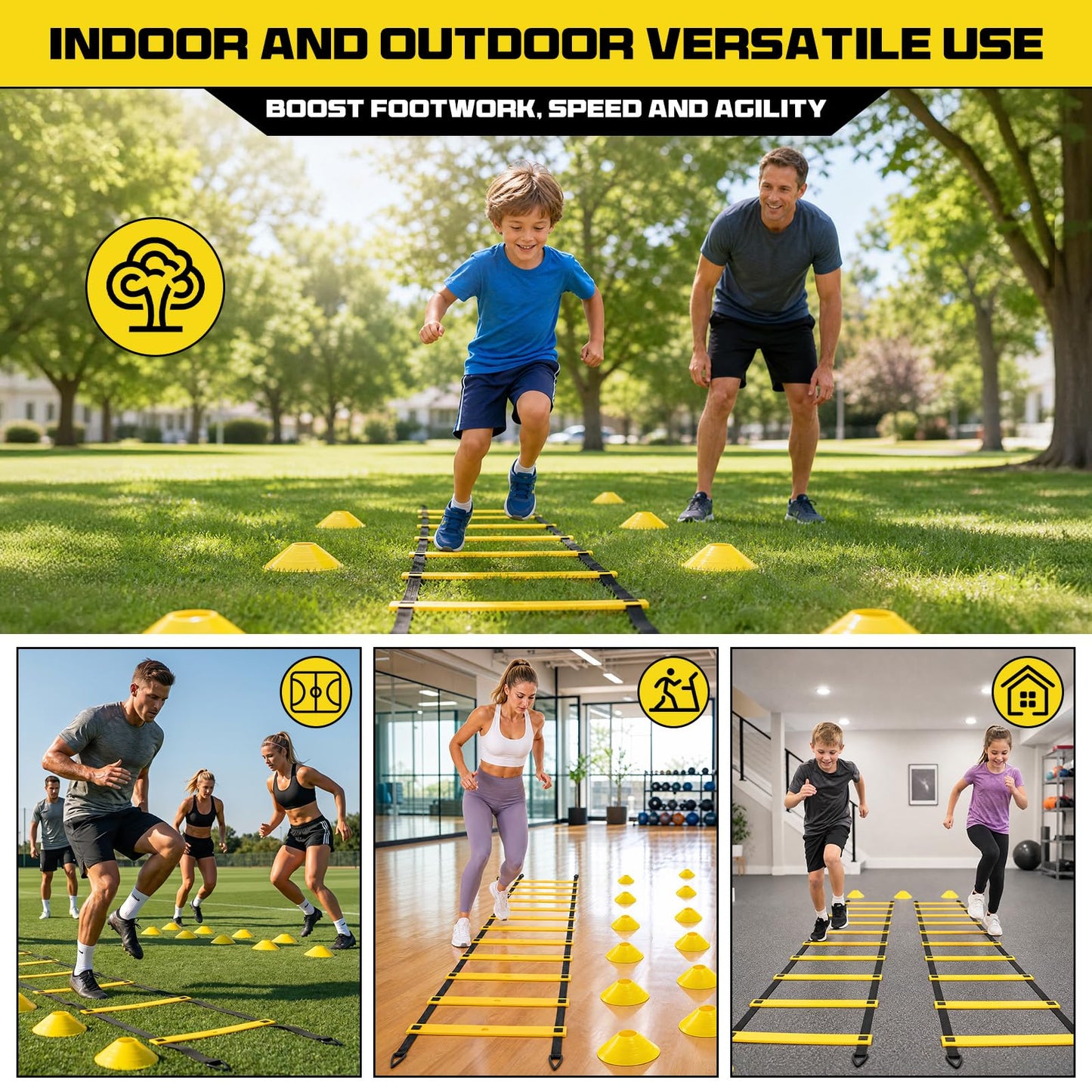 2 Pack 20ft Agility Ladder Set, 40ft Total Adjustable Speed Ladder with 12 Cones, 8 Stakes, 1 Carry