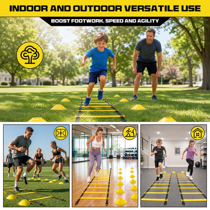 2 Pack 20ft Agility Ladder Set, 40ft Total Adjustable Speed Ladder with 12 Cones, 8 Stakes, 1 Carry