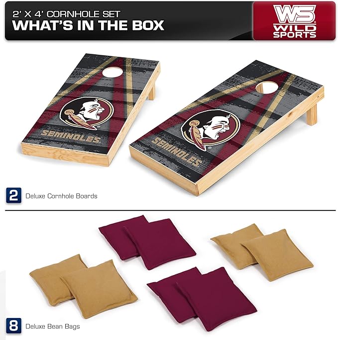 Wild Sports NCAA College 2' x 4' Wood Direct Print Tournament Cornhole Set, 8 Bean Bags, Vintage