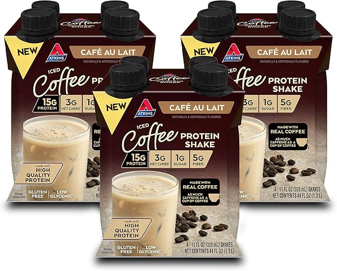 Atkins Café au Lait Iced Coffee Flavored Protein Shake, High Protein Shake, Low Sugar, Low Carb and